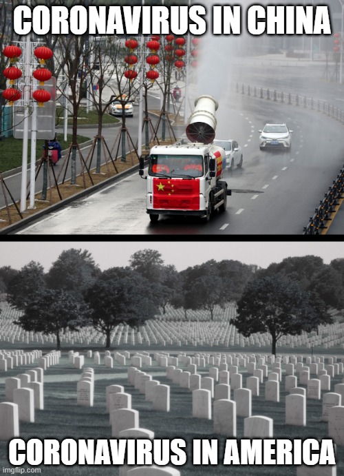 Covid 19 in China vs America | image tagged in coronavirus,covid-19,covid,china,america,usa | made w/ Imgflip meme maker
