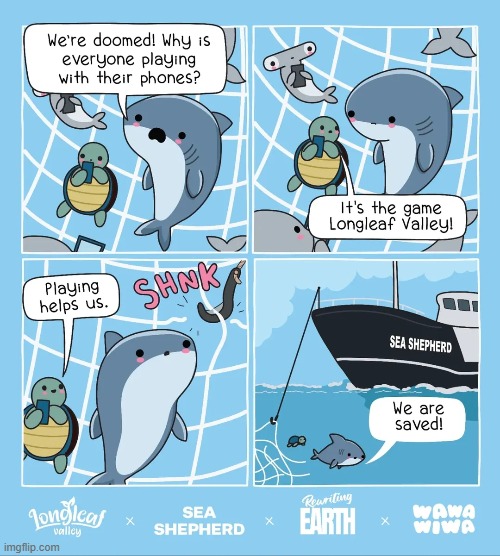 This comic was created when a mobile game partnered with an organization to save marine life. (More info in the comments.) | image tagged in shark,turtle,sea creatures,phones,game,rescue | made w/ Imgflip meme maker