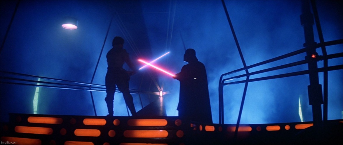 Darth and Luke Star Wars lightsaber battle Bespin | image tagged in darth and luke star wars lightsaber battle bespin | made w/ Imgflip meme maker