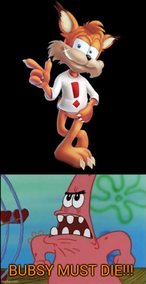 BUBSY MUST DIE!!! | image tagged in patrick michael bay must die,bubsy,bubsy sucks | made w/ Imgflip meme maker