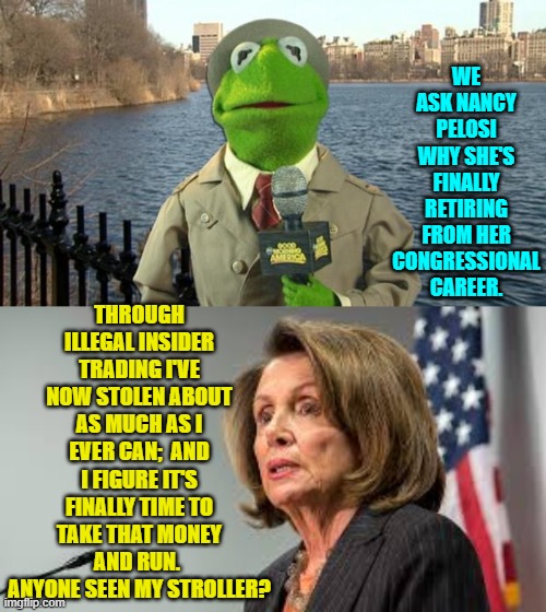 Actual words that would come out of Nancy's mouth if the truth had ever been inside her. | WE ASK NANCY PELOSI WHY SHE'S FINALLY RETIRING FROM HER CONGRESSIONAL CAREER. THROUGH ILLEGAL INSIDER TRADING I'VE NOW STOLEN ABOUT AS MUCH AS I EVER CAN;  AND I FIGURE IT'S FINALLY TIME TO TAKE THAT MONEY AND RUN.  ANYONE SEEN MY STROLLER? | image tagged in kermit news report | made w/ Imgflip meme maker