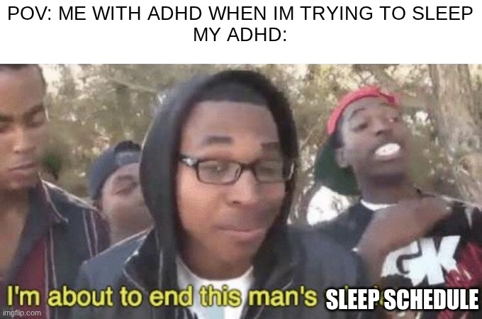 I HAVE ADHD LOL | POV: ME WITH ADHD WHEN IM TRYING TO SLEEP
MY ADHD:; SLEEP SCHEDULE | image tagged in i m about to end this man s whole career,adhd,memes,sleep,pov | made w/ Imgflip meme maker