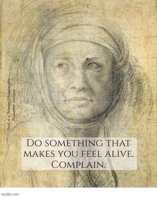 Indeed | Head of a Woman, Michelangelo
Buonarroti: minkpen; Do something that
makes you feel alive.
Complain. | image tagged in art memes,renaissance,moan,complain,depressed | made w/ Imgflip meme maker