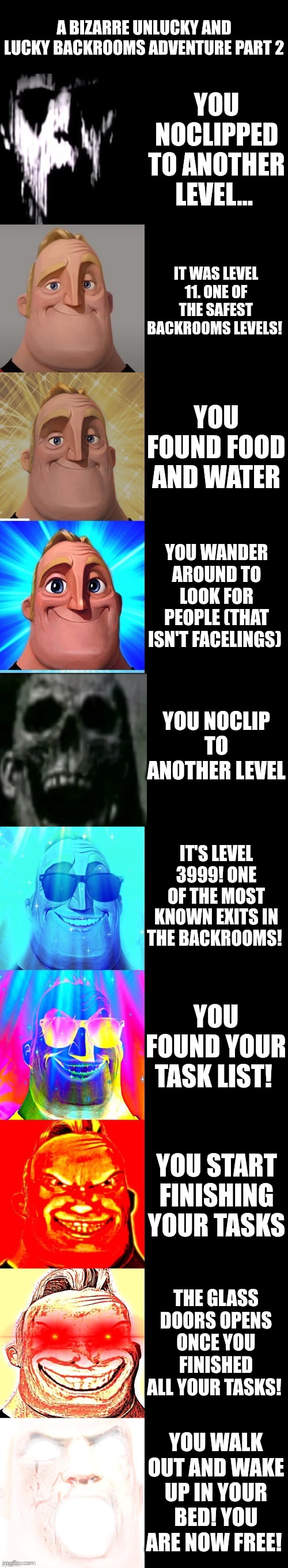 Backrooms adventure part 2! I'm back! | A BIZARRE UNLUCKY AND LUCKY BACKROOMS ADVENTURE PART 2; YOU NOCLIPPED TO ANOTHER LEVEL... IT WAS LEVEL 11. ONE OF THE SAFEST BACKROOMS LEVELS! YOU FOUND FOOD AND WATER; YOU WANDER AROUND TO LOOK FOR PEOPLE (THAT ISN'T FACELINGS); YOU NOCLIP TO ANOTHER LEVEL; IT'S LEVEL 3999! ONE OF THE MOST KNOWN EXITS IN THE BACKROOMS! YOU FOUND YOUR TASK LIST! YOU START FINISHING YOUR TASKS; THE GLASS DOORS OPENS ONCE YOU FINISHED ALL YOUR TASKS! YOU WALK OUT AND WAKE UP IN YOUR BED! YOU ARE NOW FREE! | image tagged in mr incredible becoming canny | made w/ Imgflip meme maker