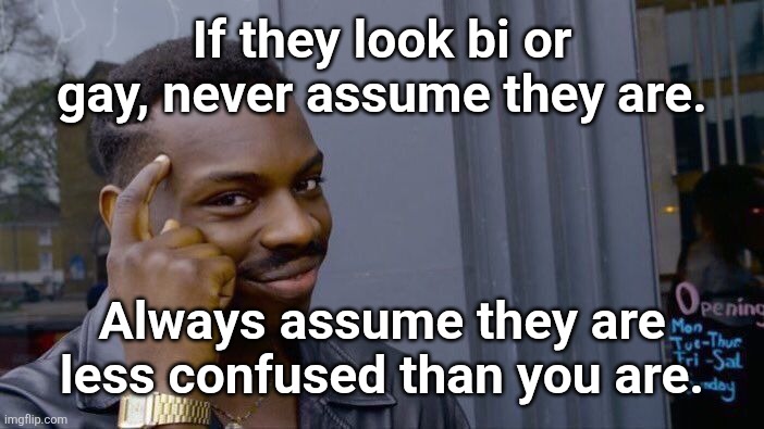 Assume nothing | If they look bi or gay, never assume they are. Always assume they are less confused than you are. | image tagged in memes,roll safe think about it,assume youre wrong | made w/ Imgflip meme maker