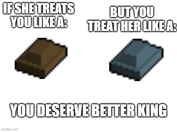 You deserve better king. | BUT YOU TREAT HER LIKE A:; IF SHE TREATS YOU LIKE A:; YOU DESERVE BETTER KING | image tagged in blank white template | made w/ Imgflip meme maker