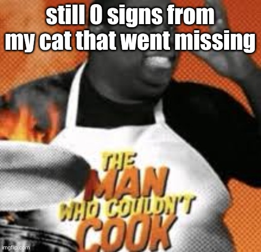 The man who couldn't cook | still 0 signs from my cat that went missing | image tagged in the man who couldn't cook | made w/ Imgflip meme maker