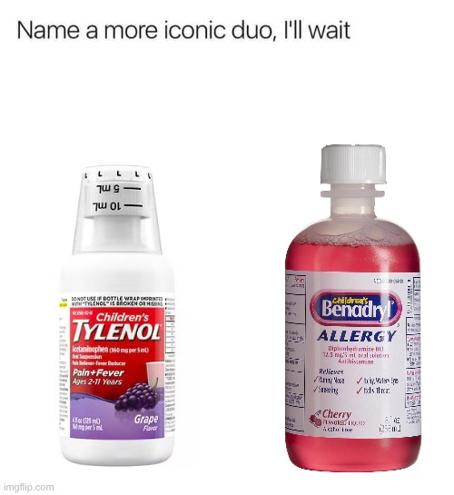 Name a more iconic duo, I'll wait: Benadryl and Tylenol | image tagged in name a more iconic duo i'll wait,medicine,relatable | made w/ Imgflip meme maker