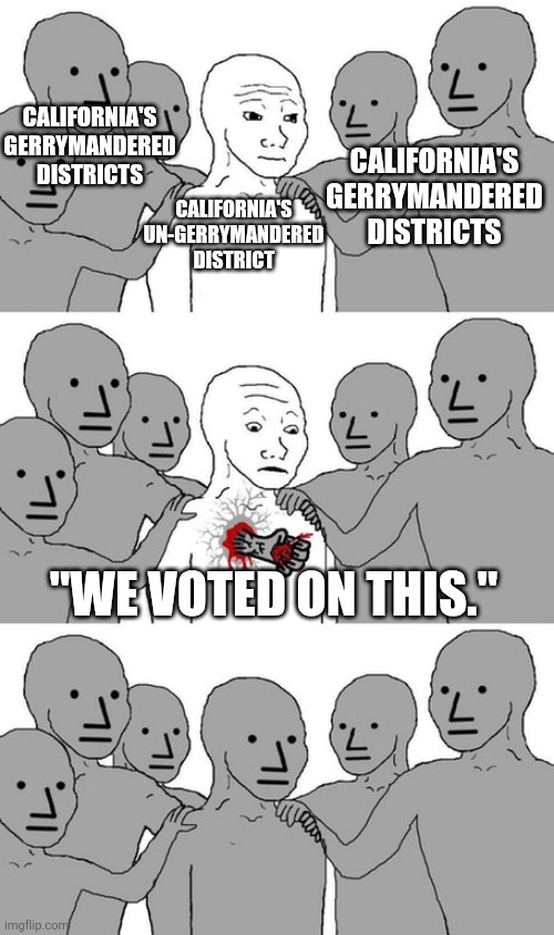 npc wojak conversion | CALIFORNIA'S GERRYMANDERED DISTRICTS CALIFORNIA'S UN-GERRYMANDERED DISTRICT CALIFORNIA'S GERRYMANDERED DISTRICTS "WE VOTED ON THIS." | image tagged in npc wojak conversion | made w/ Imgflip meme maker