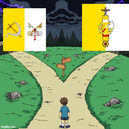 both of these so-called catholics are heresies | image tagged in two paths,heresy,communism,fascism,catholicism | made w/ Imgflip meme maker