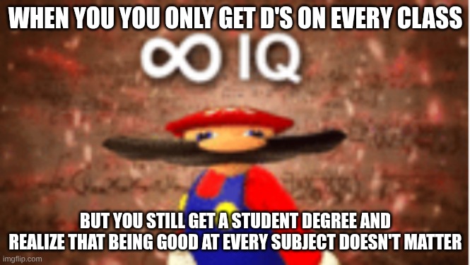 Mario fails anything but in a good way | WHEN YOU YOU ONLY GET D'S ON EVERY CLASS; BUT YOU STILL GET A STUDENT DEGREE AND REALIZE THAT BEING GOOD AT EVERY SUBJECT DOESN'T MATTER | image tagged in infinite iq,mario,school,graduation | made w/ Imgflip meme maker