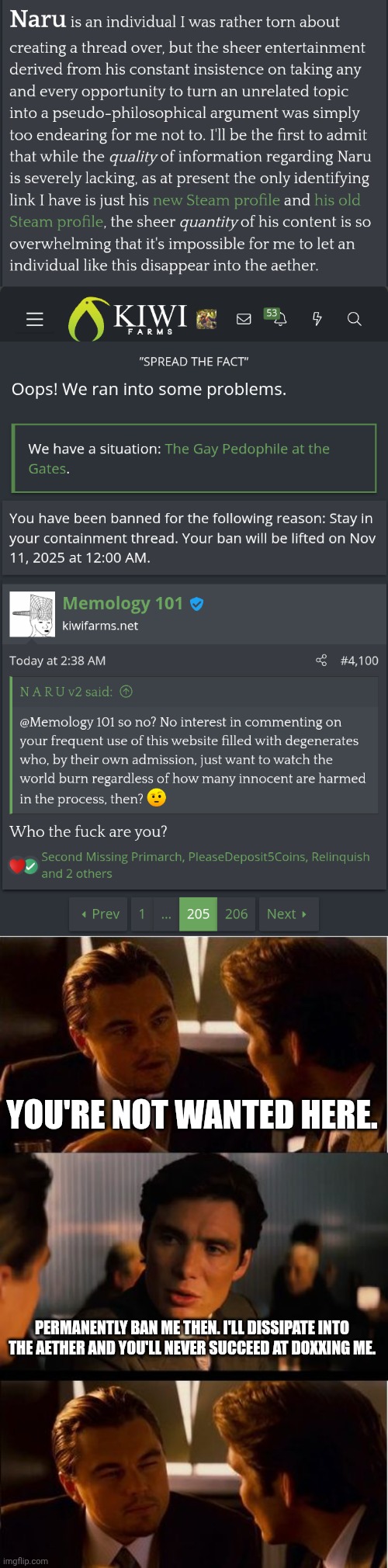 Truly Unsolved Mysteries: The Anti-Null | YOU'RE NOT WANTED HERE. PERMANENTLY BAN ME THEN. I'LL DISSIPATE INTO THE AETHER AND YOU'LL NEVER SUCCEED AT DOXXING ME. | image tagged in memes,inception | made w/ Imgflip meme maker