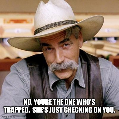 SARCASM COWBOY | NO, YOURE THE ONE WHO'S TRAPPED.  SHE'S JUST CHECKING ON YOU. | image tagged in sarcasm cowboy | made w/ Imgflip meme maker