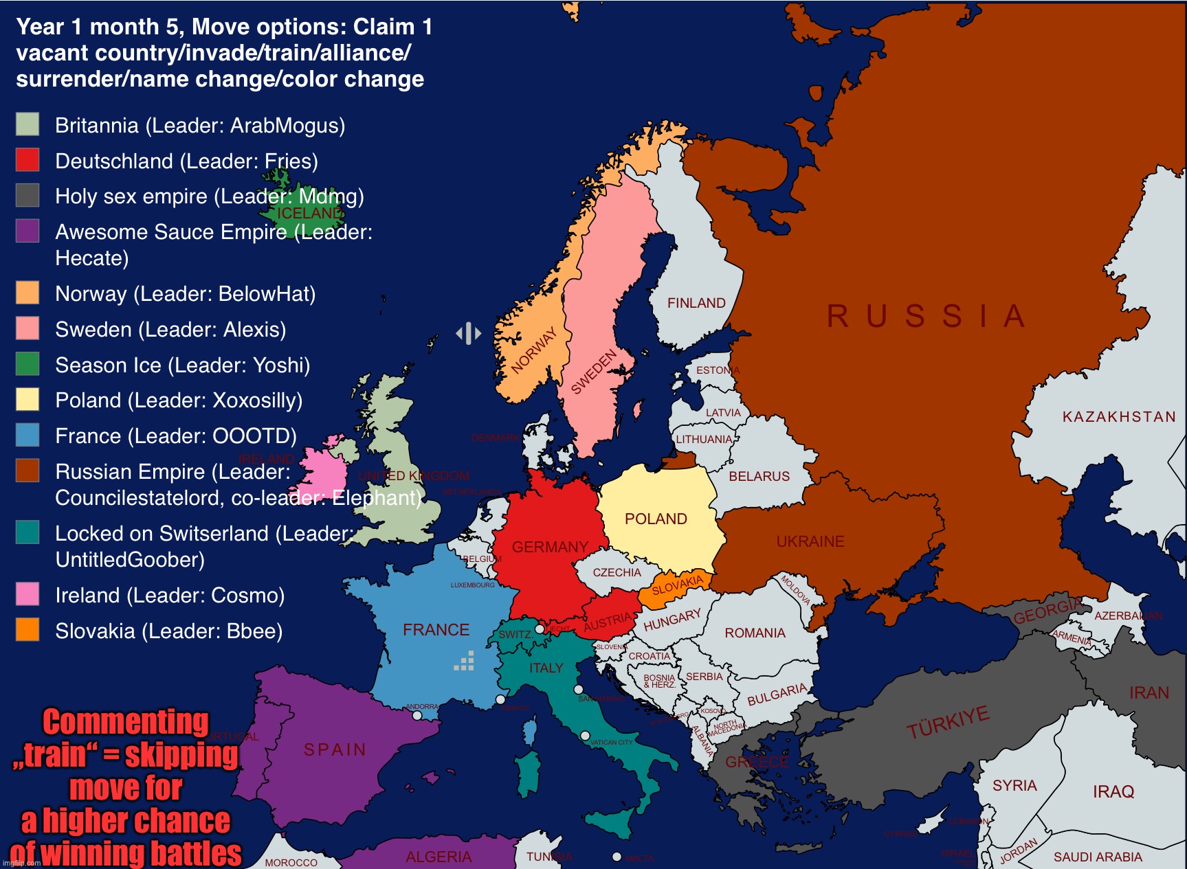 Wouldn‘t it be absolutely funny if someone starts at Vatican City and wins | Commenting „train“ = skipping move for a higher chance of winning battles | image tagged in norther europe | made w/ Imgflip meme maker