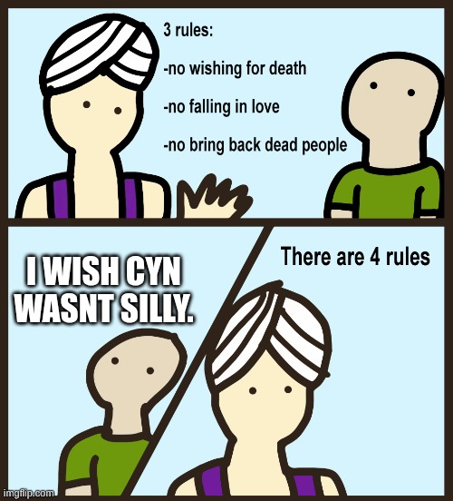 There are 4 rules | I WISH CYN WASNT SILLY. | image tagged in there are 4 rules,i will grant you three wishes,cyn | made w/ Imgflip meme maker