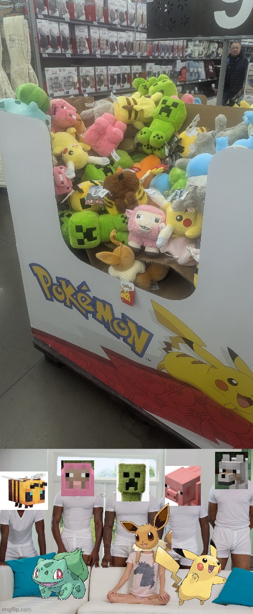 Minecraft invading pokemon | image tagged in 5 black guys and blonde,minecraft,pokemon,plush,walmart,video games | made w/ Imgflip meme maker