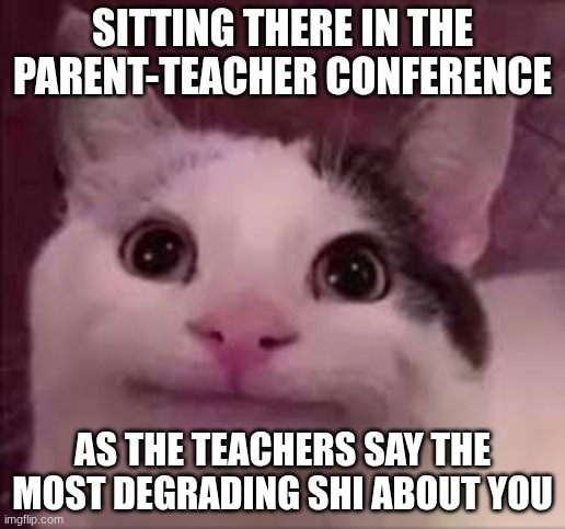 SITTING THERE IN THE PARENT-TEACHER CONFERENCE; AS THE TEACHERS SAY THE MOST DEGRADING SHI ABOUT YOU | image tagged in cringe | made w/ Imgflip meme maker