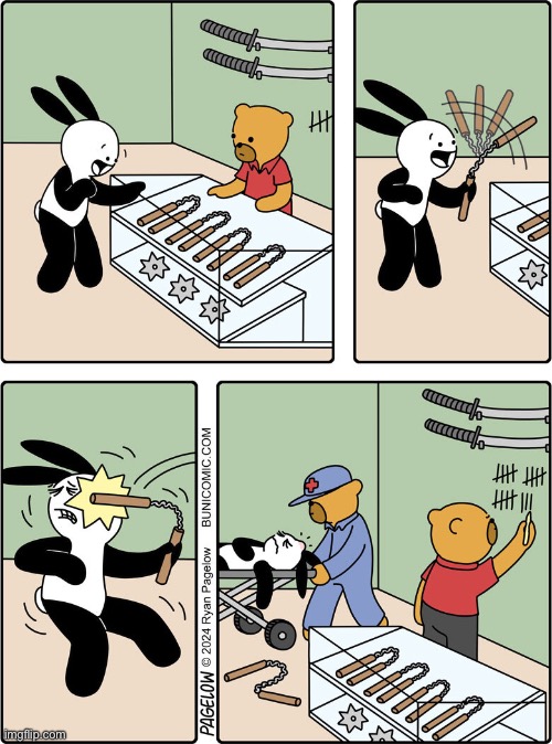 Buni Comics | image tagged in comics,buni comics,nunchucks,knocked out,keeping score,weapons shop | made w/ Imgflip meme maker