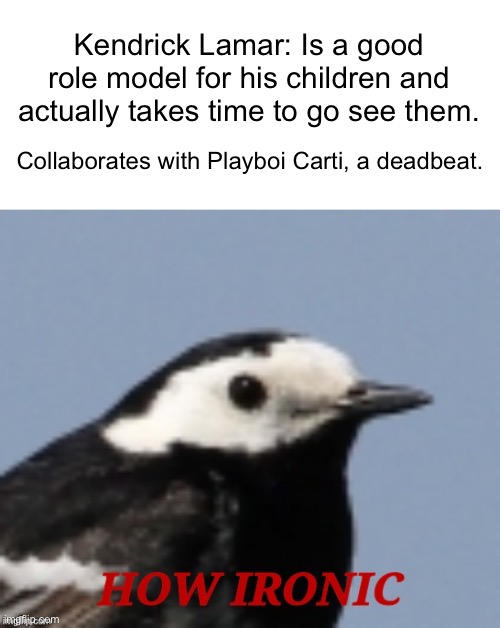 I still think about this after the release of MUSIC. | Kendrick Lamar: Is a good role model for his children and actually takes time to go see them. Collaborates with Playboi Carti, a deadbeat. | image tagged in how ironic | made w/ Imgflip meme maker