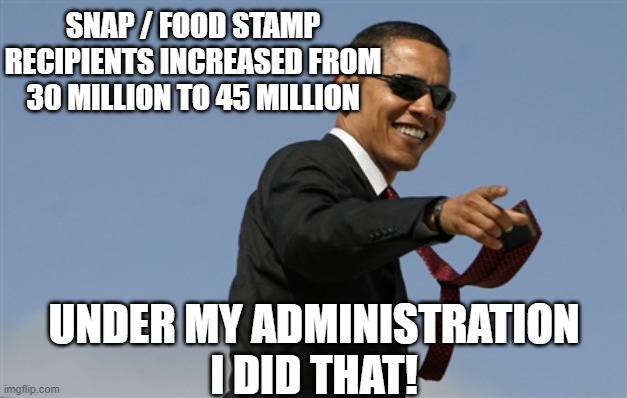 Cool Obama Meme | SNAP / FOOD STAMP RECIPIENTS INCREASED FROM 30 MILLION TO 45 MILLION UNDER MY ADMINISTRATION
I DID THAT! | image tagged in memes,cool obama | made w/ Imgflip meme maker