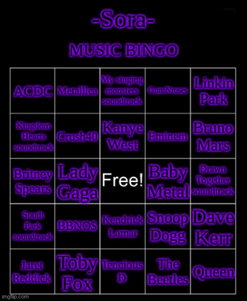 -Sora MUSIC BINGO | image tagged in -sora music bingo | made w/ Imgflip meme maker