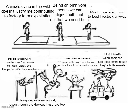 I find it horrific too, but try to be consistent | Being an omnivore means we can digest both, but not that we need both; Animals dying in the wild doesn't justify me contributing to factory farm exploitation; Most crops are grown to feed livestock anyway; I find it horrific when someone kills dogs, even though they're both animals; People in third world countries can't go vegan so I won't either, even though I'm not in their situation; Those animals wouldn't survive in the wild, even though we bred them to be dependent on us; Being vegan is unnatural, even though the devices I use are too | image tagged in mental gymnastics,vegan,carnist,ethics,satire,consistent | made w/ Imgflip meme maker