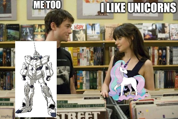 I like music 500 days of summer | ME TOO; I LIKE UNICORNS | image tagged in i like music 500 days of summer,anime,gundam | made w/ Imgflip meme maker