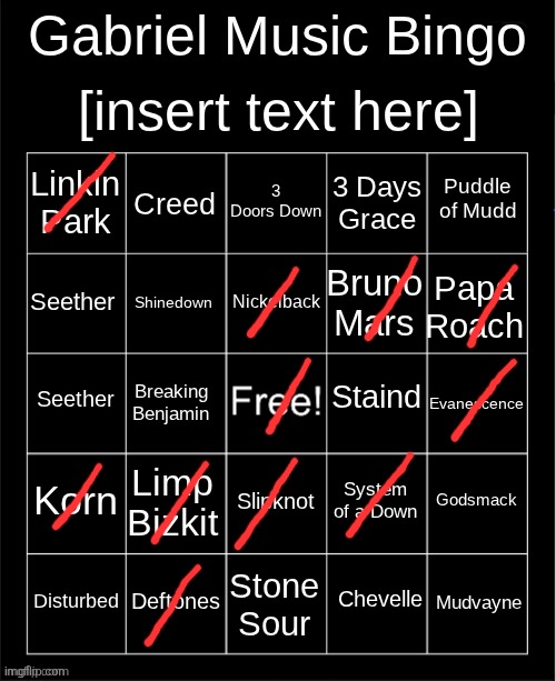 Literally listening to Linkin Park rn | image tagged in gabriel music bingo | made w/ Imgflip meme maker