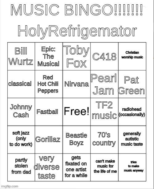 HolyRefrigemator music bingo | image tagged in holyrefrigemator music bingo | made w/ Imgflip meme maker