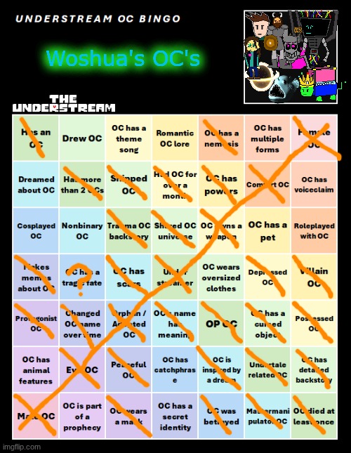 self explanatory | Woshua's OC's | image tagged in understream oc bingo by interactionsystem | made w/ Imgflip meme maker