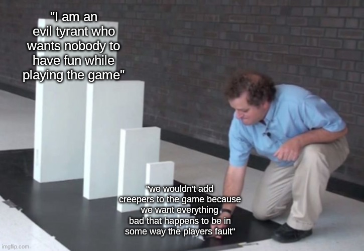 we just hating on mojang | "I am an evil tyrant who wants nobody to have fun while playing the game"; "we wouldn't add creepers to the game because we want everything bad that happens to be in some way the players fault" | image tagged in domino effect | made w/ Imgflip meme maker