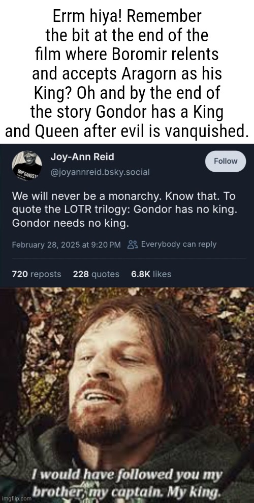 "Be silent! Keep your forked tongue behind your teeth!" -Gandalf | Errm hiya! Remember the bit at the end of the film where Boromir relents and accepts Aragorn as his King? Oh and by the end of the story Gondor has a King and Queen after evil is vanquished. | image tagged in far left screecher | made w/ Imgflip meme maker