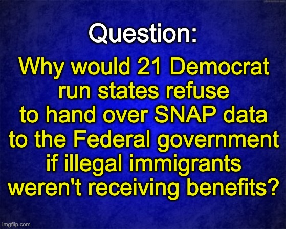 Because they ARE receiving the benefits and those Democrat scumbags don't want you to know. | Why would 21 Democrat run states refuse to hand over SNAP data to the Federal government if illegal immigrants weren't receiving benefits? Question: | image tagged in blue background,democrat scumbags,democrats favor illegals | made w/ Imgflip meme maker