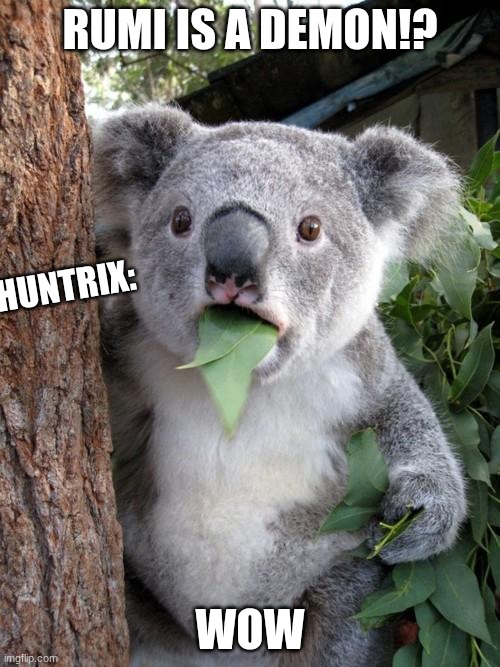 wow | RUMI IS A DEMON!? HUNTRIX:; WOW | image tagged in memes,surprised koala | made w/ Imgflip meme maker