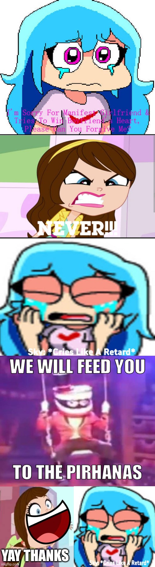 Sky gets owned | YAY THANKS | image tagged in skyfnf,sky | made w/ Imgflip meme maker
