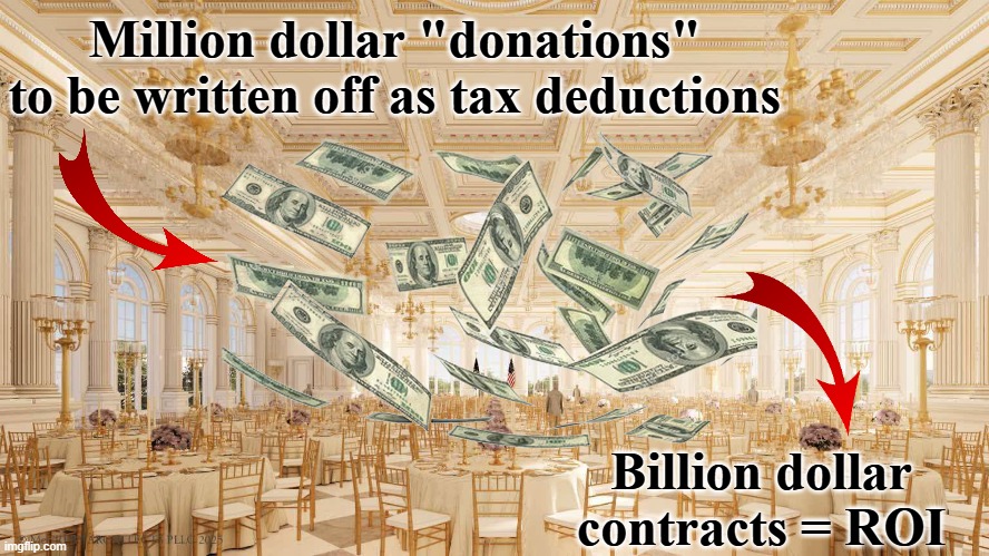 Trump's Ballroom | Million dollar "donations" to be written off as tax deductions Billion dollar contracts = ROI | image tagged in trump's ballroom | made w/ Imgflip meme maker