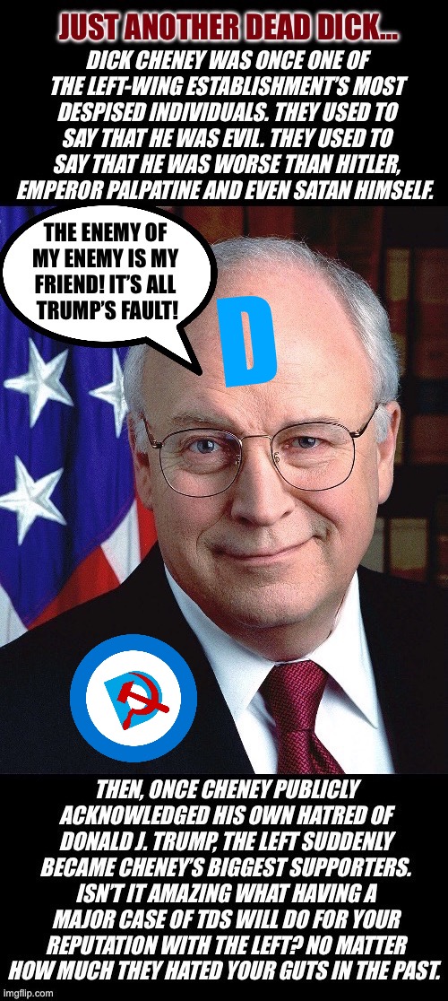 If can’t say something good about someone… | D | image tagged in political meme,dick cheney,rino,another dead dick,tds,scumbag | made w/ Imgflip meme maker
