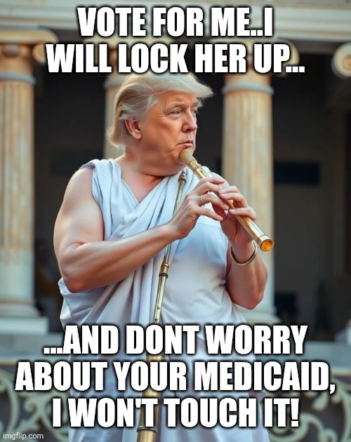 Greatest flutest by his own admission | VOTE FOR ME..I WILL LOCK HER UP... ...AND DONT WORRY ABOUT YOUR MEDICAID, I WON'T TOUCH IT! | image tagged in greatest flutest by his own admission | made w/ Imgflip meme maker