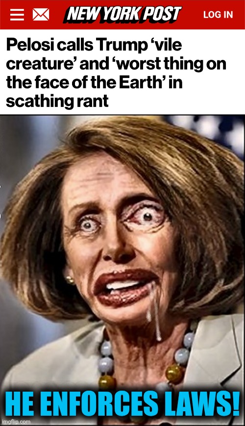 Unforgivable! | HE ENFORCES LAWS! | image tagged in nancy pelosi crazy 1,memes,trump derangement syndrome,hatred,crime,democrats | made w/ Imgflip meme maker