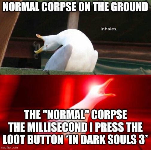Inhaling Seagull  | NORMAL CORPSE ON THE GROUND; THE "NORMAL" CORPSE THE MILLISECOND I PRESS THE LOOT BUTTON *IN DARK SOULS 3* | image tagged in inhaling seagull | made w/ Imgflip meme maker