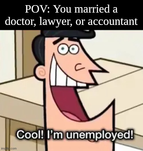 Let the slacking off begin | POV: You married a doctor, lawyer, or accountant | image tagged in memes,funny,relatable,cartoon,job | made w/ Imgflip meme maker