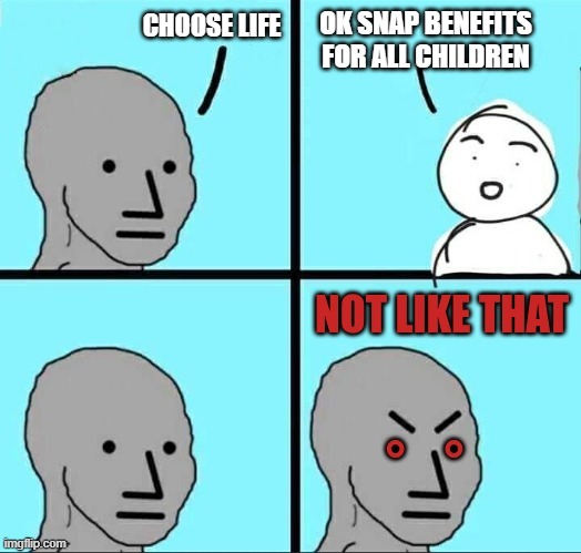 NPC not like that | OK SNAP BENEFITS FOR ALL CHILDREN; CHOOSE LIFE | image tagged in npc not like that | made w/ Imgflip meme maker