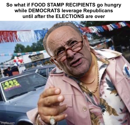 Used Car Schumer | So what if FOOD STAMP RECIPIENTS go hungry 
while DEMOCRATS leverage Republicans 
until after the ELECTIONS are over | image tagged in used car schumer | made w/ Imgflip meme maker