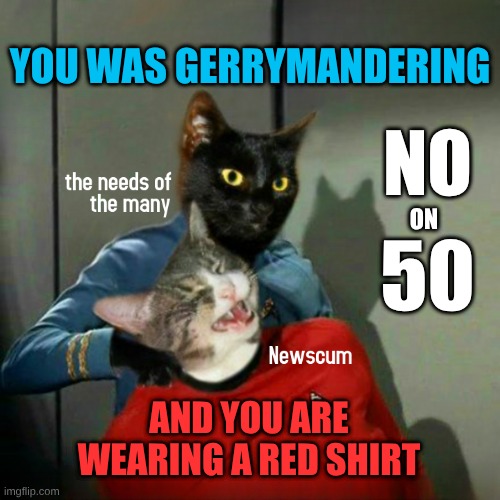 NO  ON  50 | YOU WAS GERRYMANDERING; NO; ON; 50; AND YOU ARE WEARING A RED SHIRT | image tagged in newsome sucks,crime family,gerrymandering,star trek,what if i told you,just say no | made w/ Imgflip meme maker