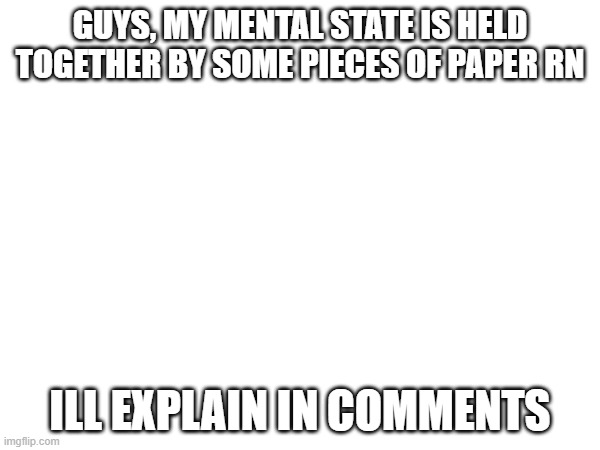 please help | GUYS, MY MENTAL STATE IS HELD TOGETHER BY SOME PIECES OF PAPER RN; ILL EXPLAIN IN COMMENTS | made w/ Imgflip meme maker