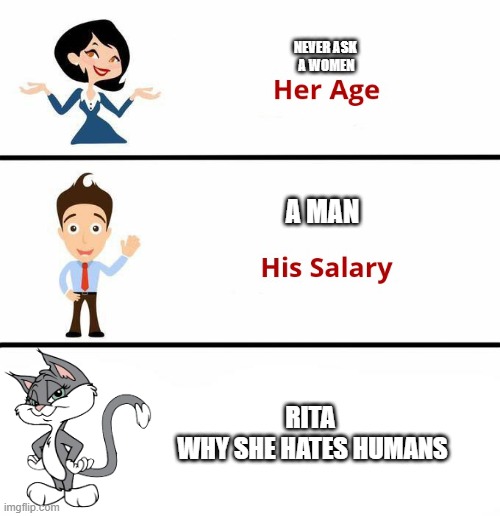 Never ask a man his salary | NEVER ASK 
A WOMEN; A MAN; RITA 
WHY SHE HATES HUMANS | image tagged in never ask a man his salary | made w/ Imgflip meme maker