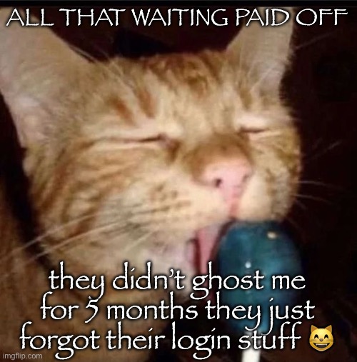 silly goober 2 | ALL THAT WAITING PAID OFF; they didn’t ghost me for 5 months they just forgot their login stuff 😸 | image tagged in silly goober 2 | made w/ Imgflip meme maker