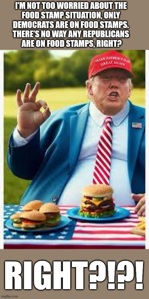 Trump is delusional | I'M NOT TOO WORRIED ABOUT THE 
FOOD STAMP SITUATION, ONLY 
DEMOCRATS ARE ON FOOD STAMPS. 
THERE'S NO WAY ANY REPUBLICANS 
ARE ON FOOD STAMPS, RIGHT? RIGHT?!?! | image tagged in fat ass trump | made w/ Imgflip meme maker