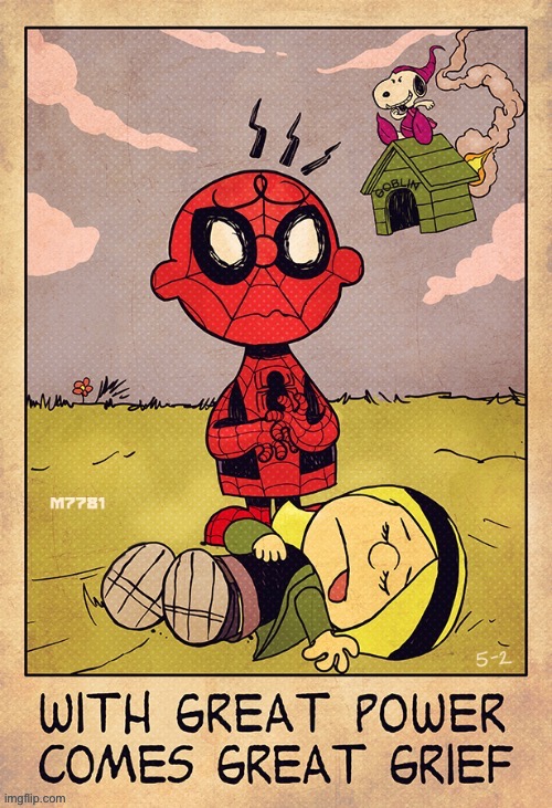 Spider-Nuts… | image tagged in repost,mashup,peanuts,spiderman,gwen stacy,green goblin | made w/ Imgflip meme maker