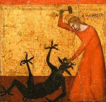 St Margaret of Antioch hammering the devil Blank Meme Template